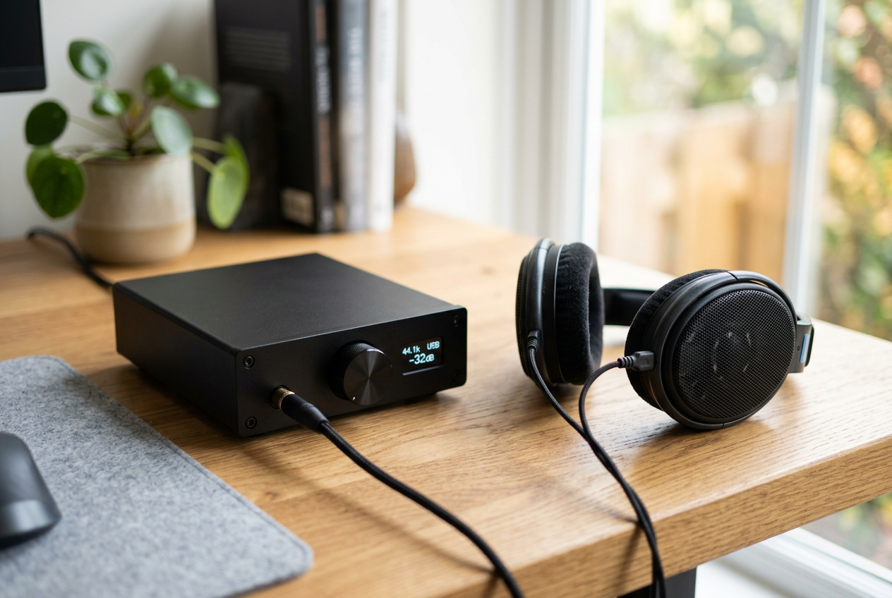 A compact black desktop DAC next to open headphones