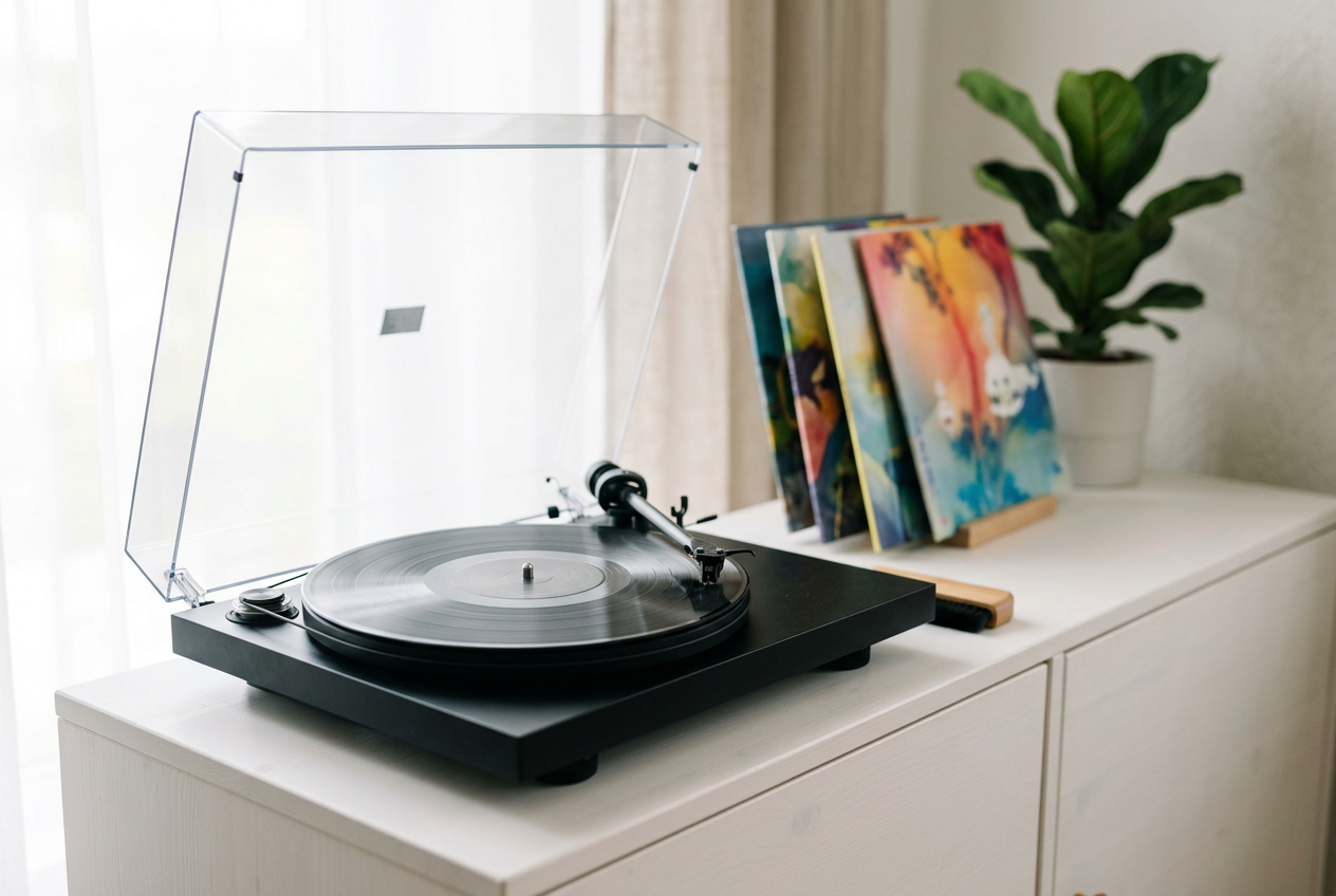 A black belt-drive turntable with a record on it