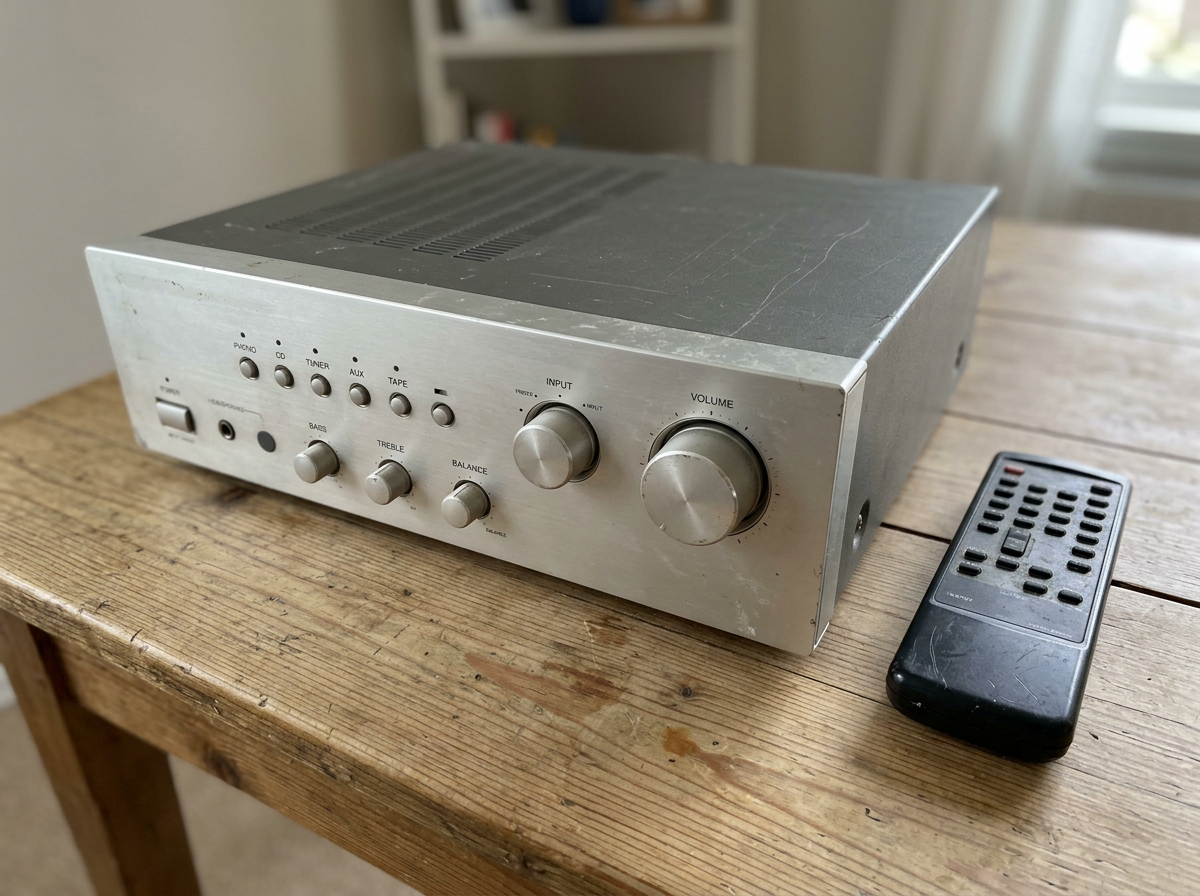 A used silver integrated amplifier with its remote on a wooden table